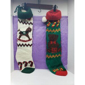 VTG Acrylic Knit Teddy Bear / Rocking Horse Christmas Stockings  XLong Large 24"